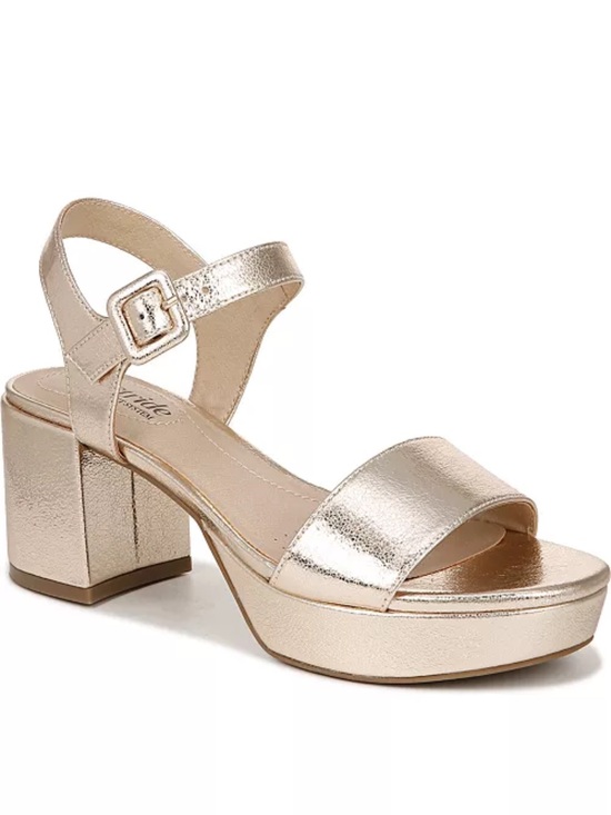 Life Stride Shoes - Life Stride Rythmn Metallic Block Heel Sandal - Gold Women's Dress 9.5W Wide
